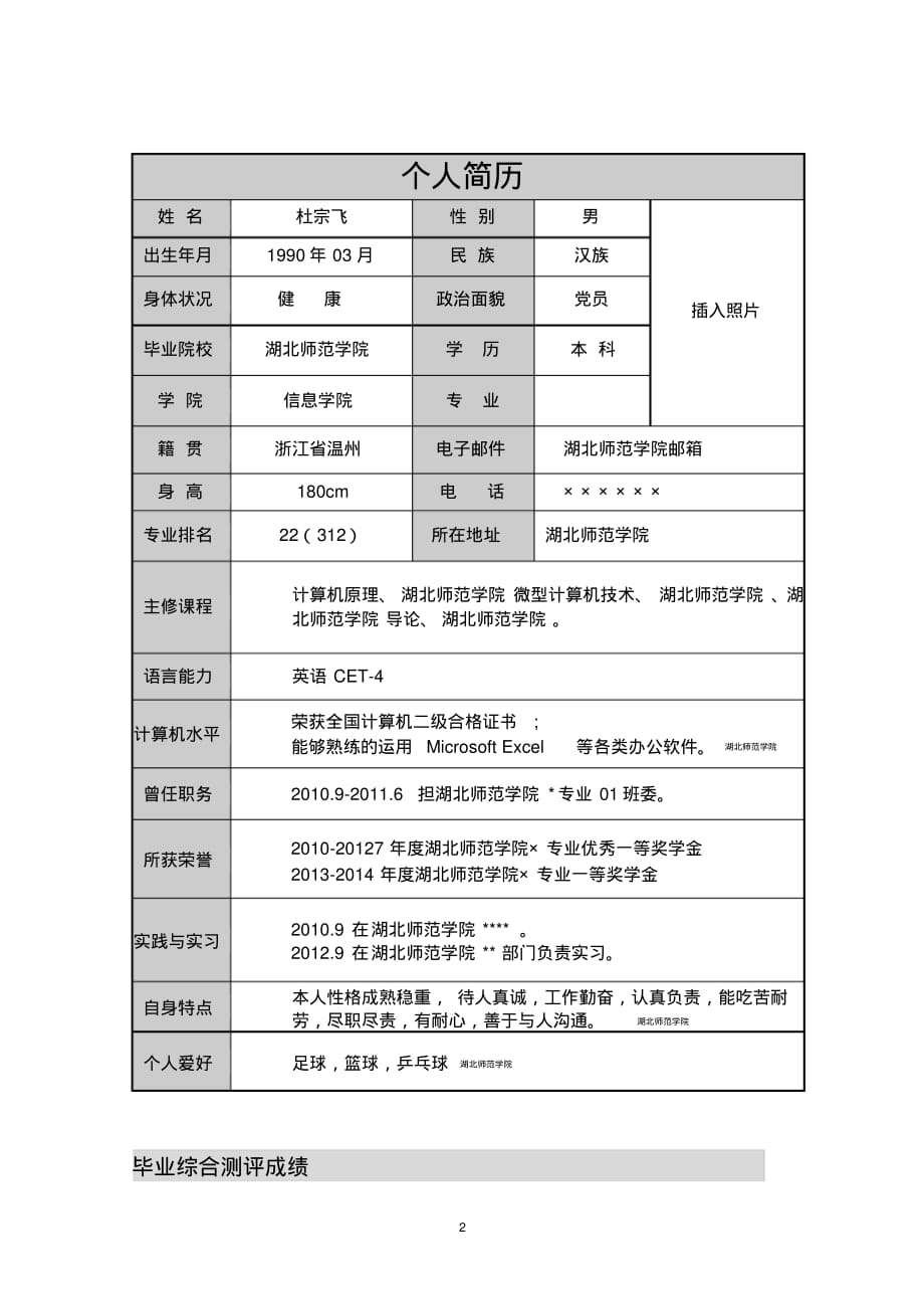 湖北师范学院优秀个人简历_第3页