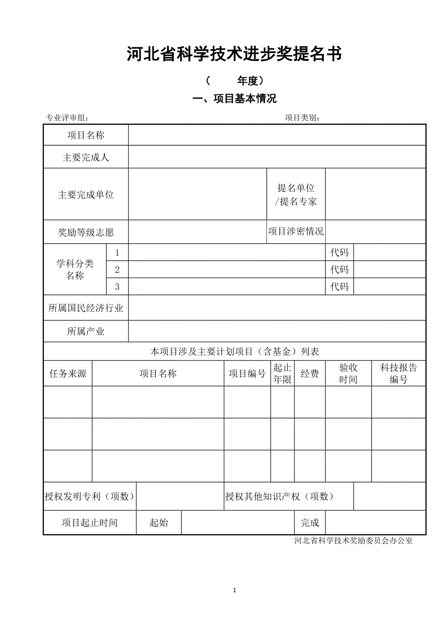 2020年度河北省科学技术进步奖提名书模板doc_第1页