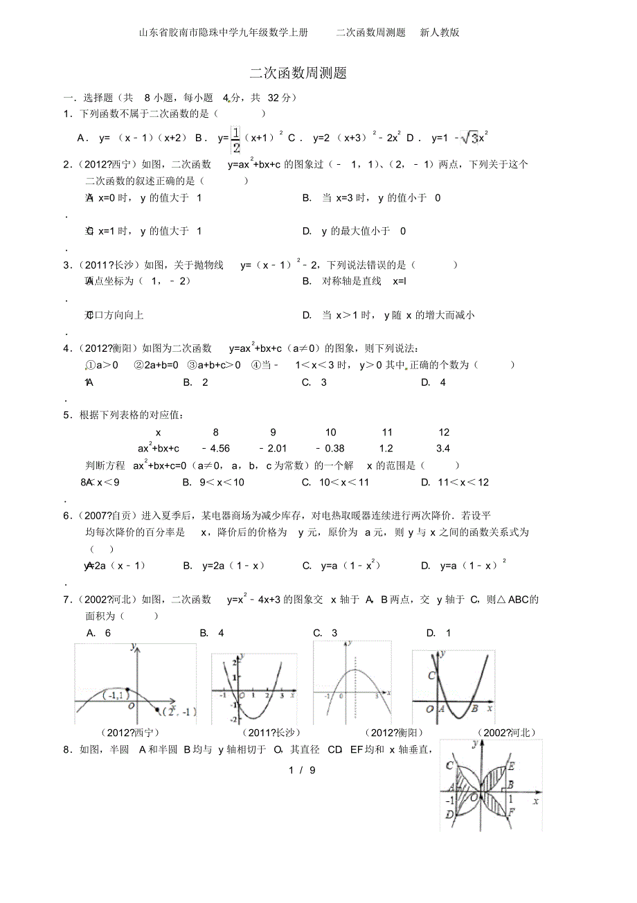 山东省胶南市隐珠中学九年级数学上册二次函数周测题新人教版_第1页