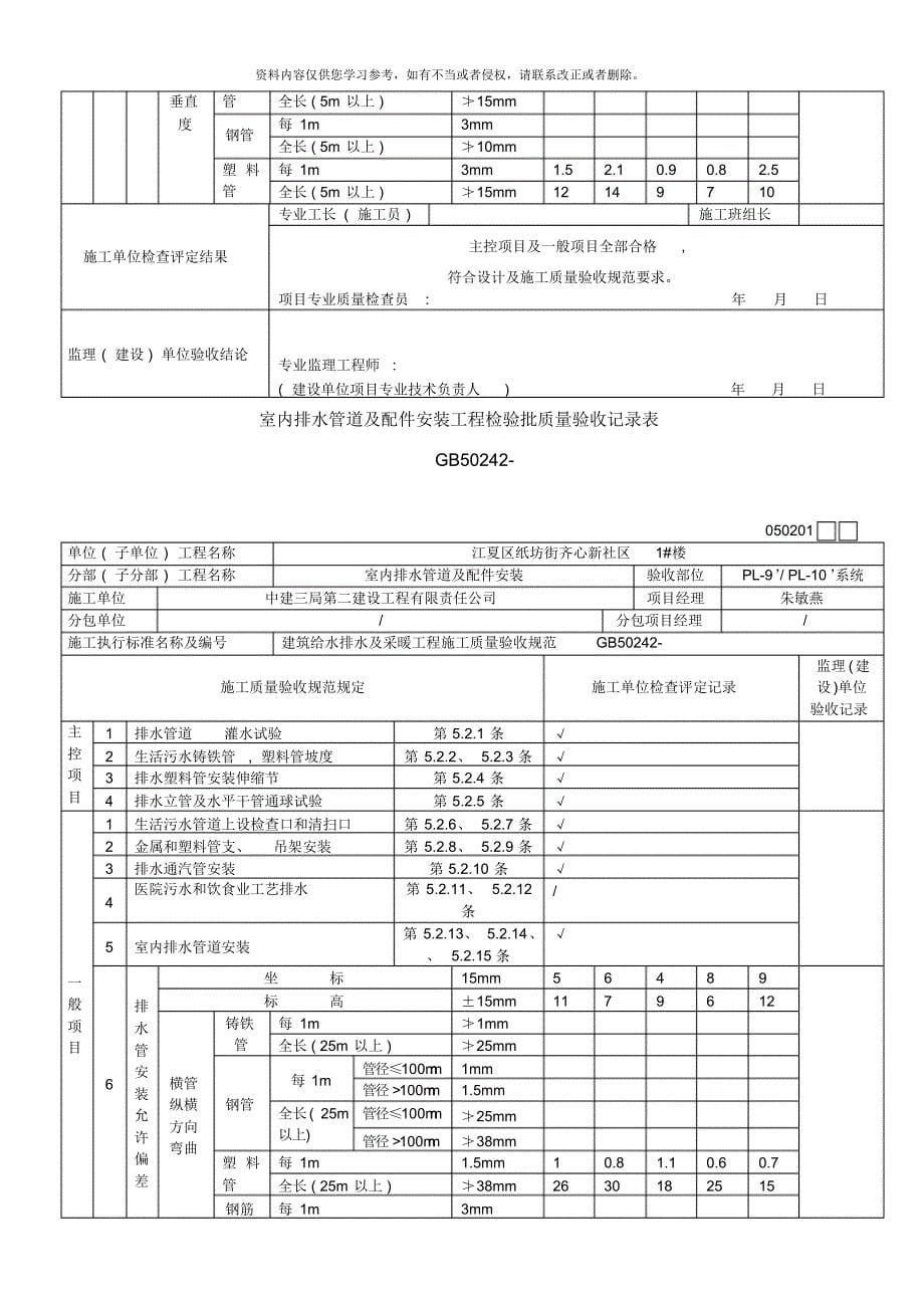 室内排水管道及配件安装工程检验批质量验收记录表[汇编]_第5页