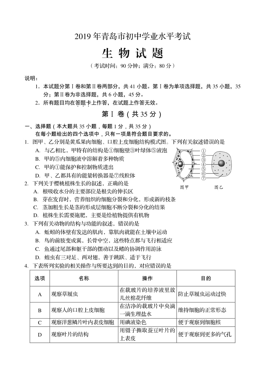 2019年青岛初中学业水平考试生物试题_第1页