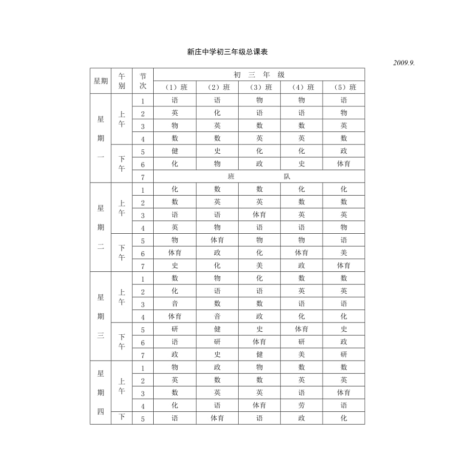 新庄中学初三年级总课表_第1页