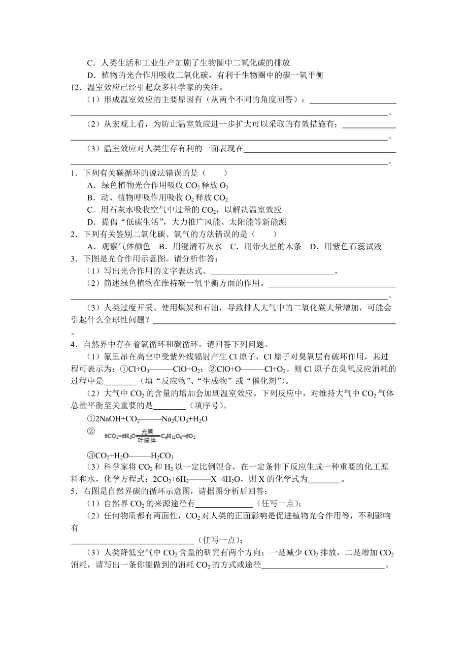 浙教版科学八年级下册第三章第七节-自然界中的氧循环和碳循环-一课时练习( 含答案)_第4页