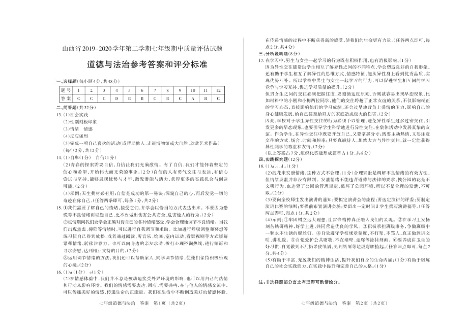 山西省2019-2020学年第二学期七年级期中质量评估试题&amp#183;道德与法治&amp#183;答案_第1页