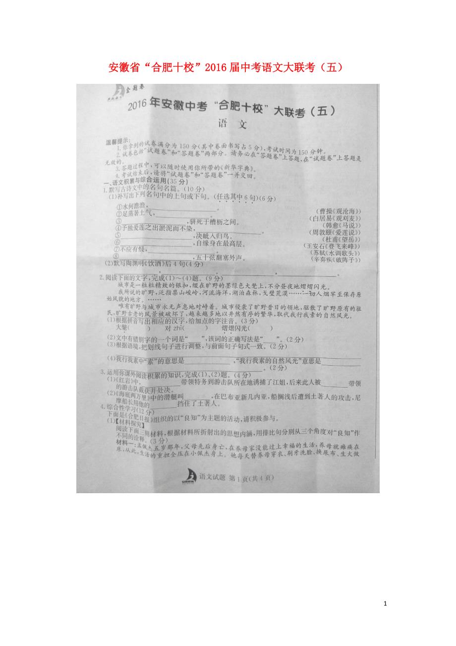 安徽省“合肥十校”2016届中考语文大联考（五）（扫描版）.doc_第1页