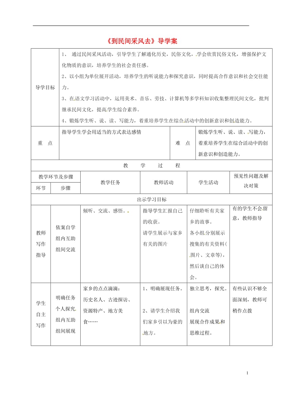 吉林省通化市八年级语文下册第四单元写作《到民间采风去》导学案（无答案）（新版）新人教版.doc_第1页