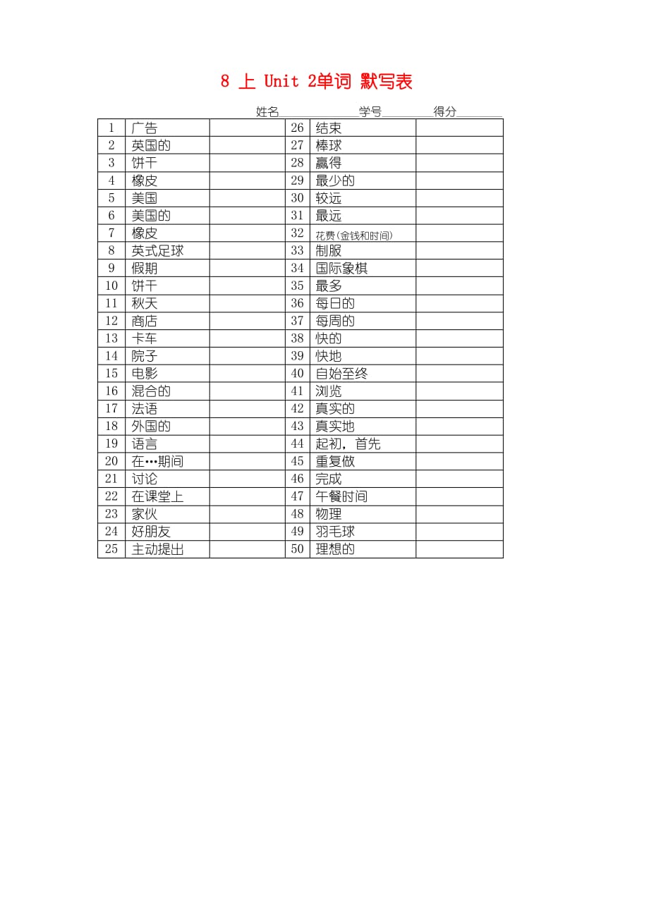 牛津译林版八年级英语上册第二单元单词默写表_第1页