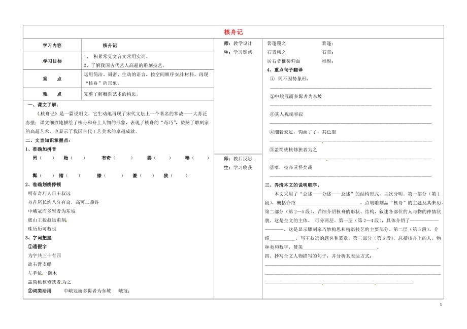 山西省柳林县第一初级中学八年级语文上册第23课核舟记学案（无答案）（新版）新人教版.doc_第1页