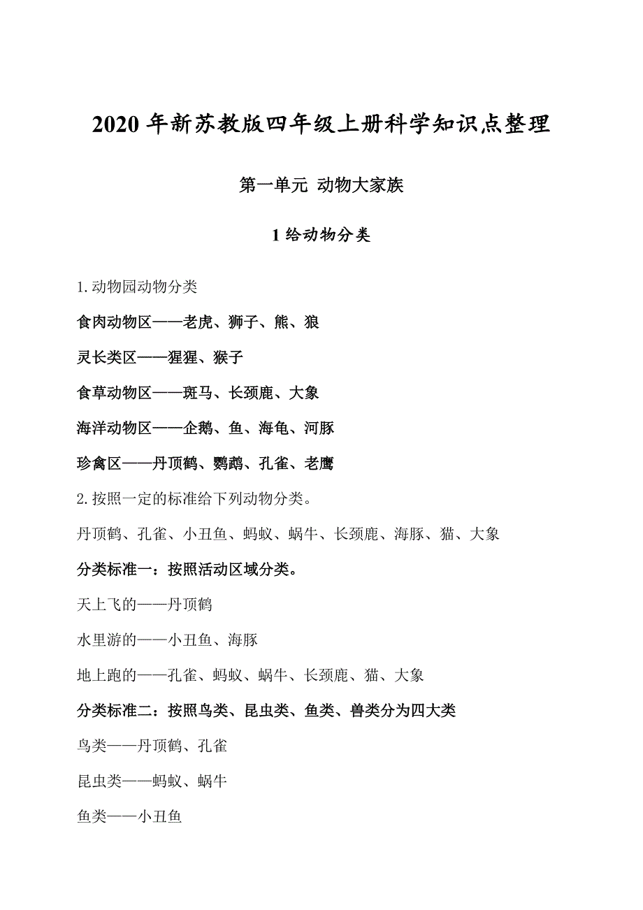 2020年新苏教版四年级上册科学第一单元《动物大家族》知识点整理_第1页