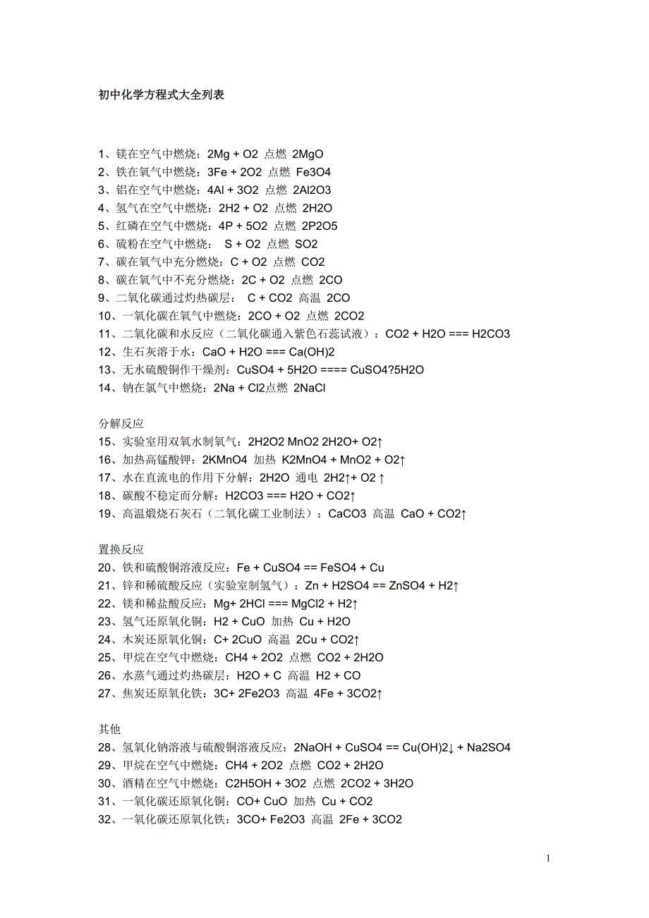 221编号初中化学方程式大全列表_第1页