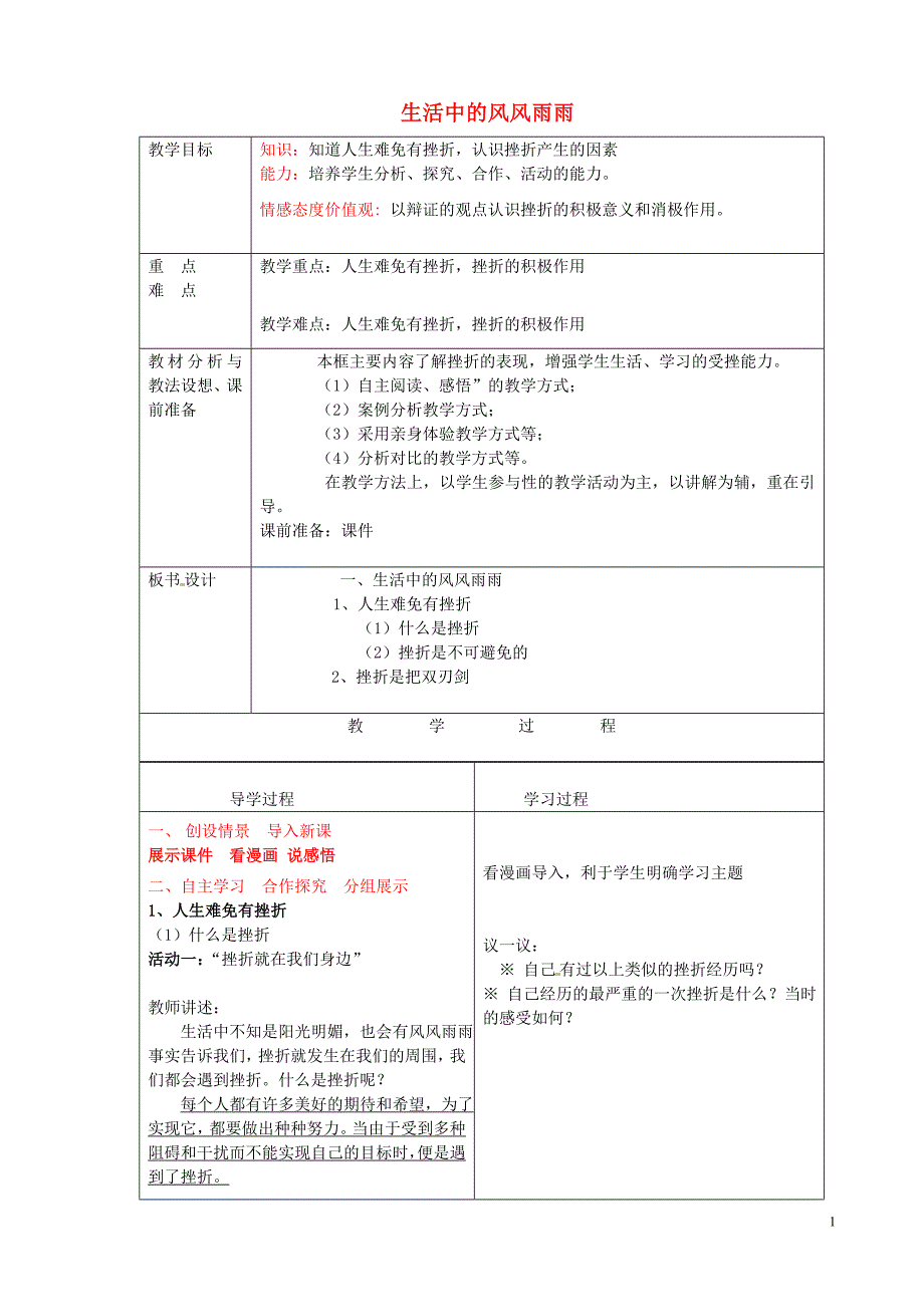 山东省临沂市蒙阴县第四中学七年级政治上册《9.1生活中的风风雨雨》教案鲁教版.doc_第1页