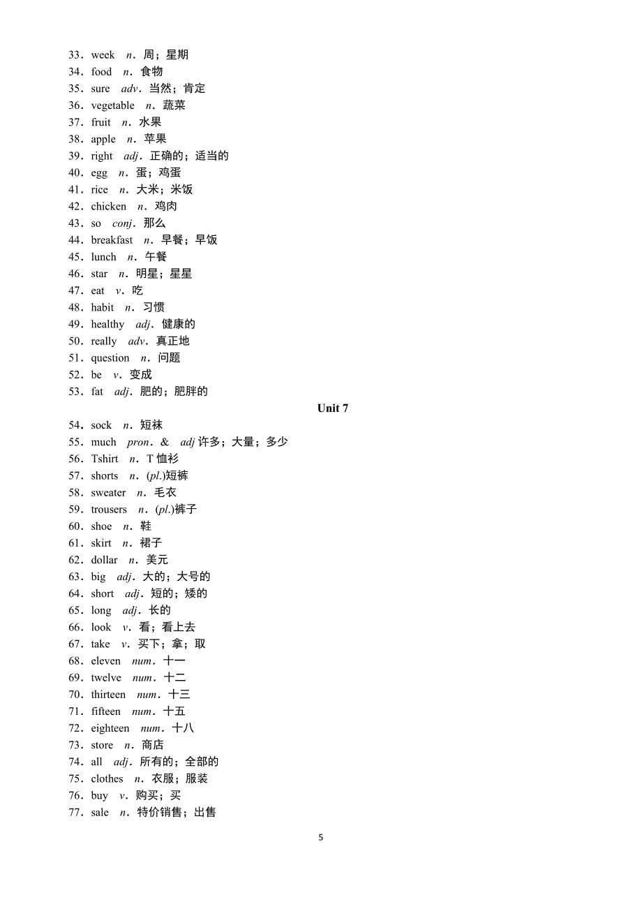 28编号2017人教版初中英语各单元必备单词、短语、句型_第5页