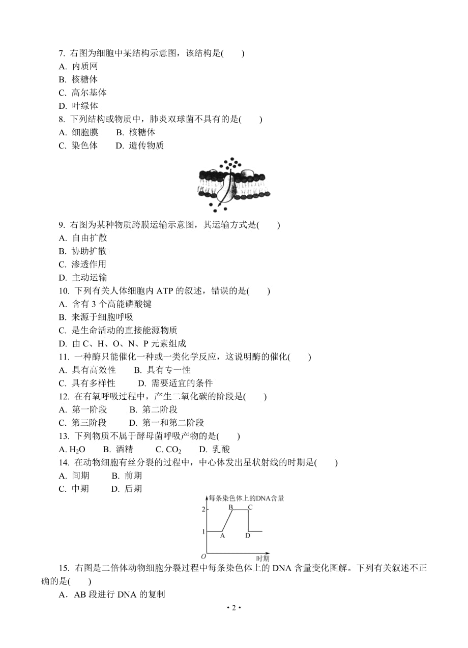 江苏省盐城市2019-2020学年高二学业水平合格性考试模拟试题（12月） 生物_第2页