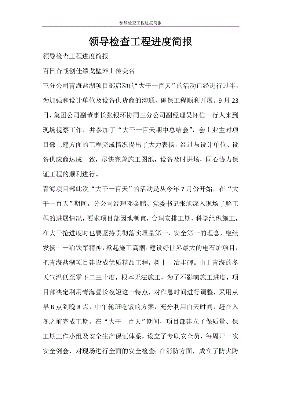 活动方案 领导检查工程进度简报_第1页