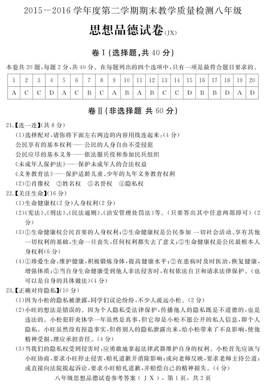 河北省井陉县障城中学2015-2016学年八年级政治下学期期末教学质量检测考试试题答案.pdf_第1页