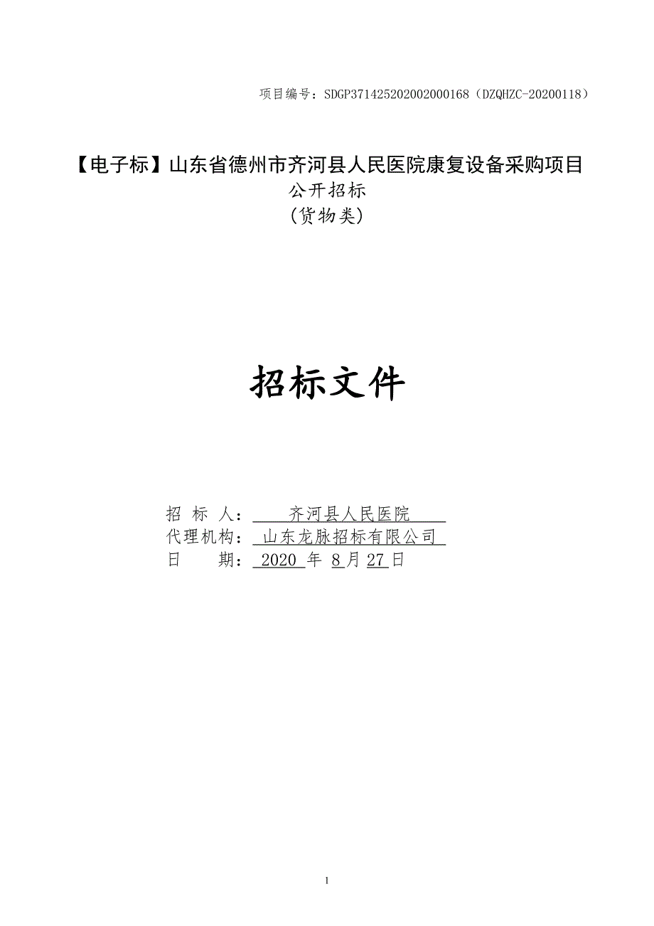 齐河县人民医院康复设备采购项目招标文件_第1页