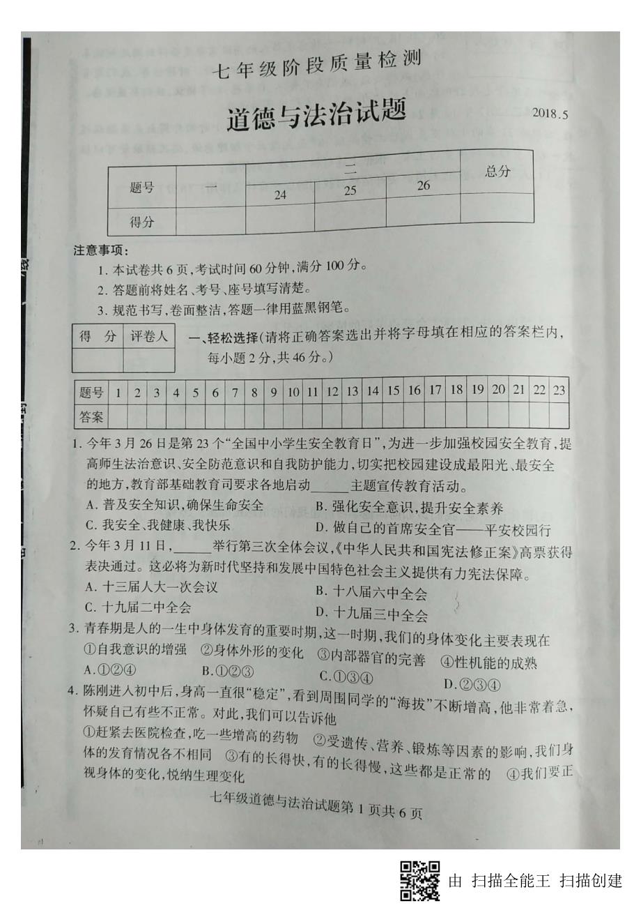 山东省临沂市费县2017-2018学年七年级道德与法治下学期期中试题（pdf） 新人教版.pdf_第1页