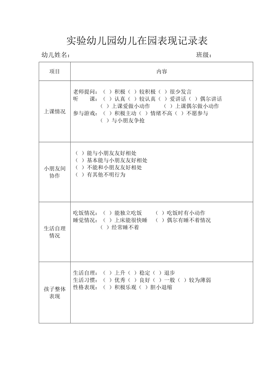 【幼儿在园一日记录】实验幼儿园幼儿在园表现记录表（幼儿园年检资料}_第1页