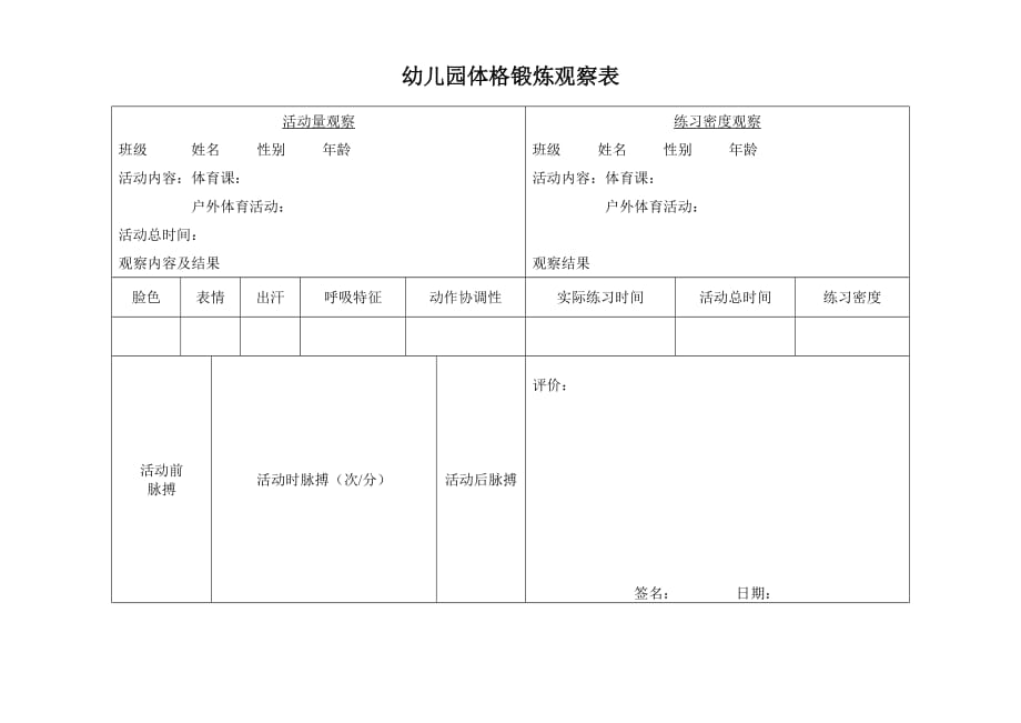 【幼儿健康档案】体格锻炼观察表（活动量+练习密度）（幼儿园年检资料}_第1页