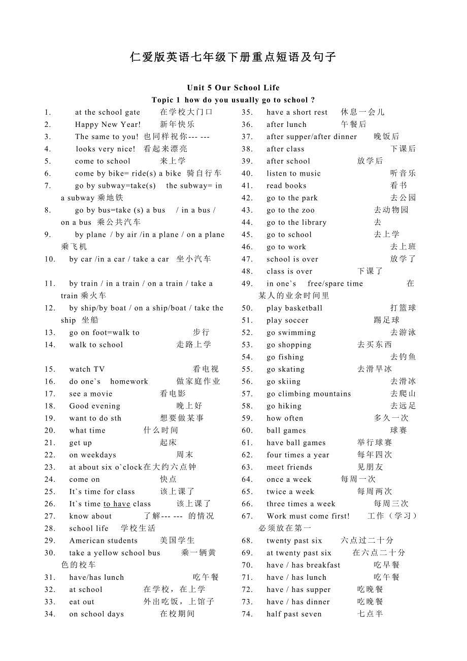 2724编号仁爱版英语七年级下册重点短语及句子_第1页