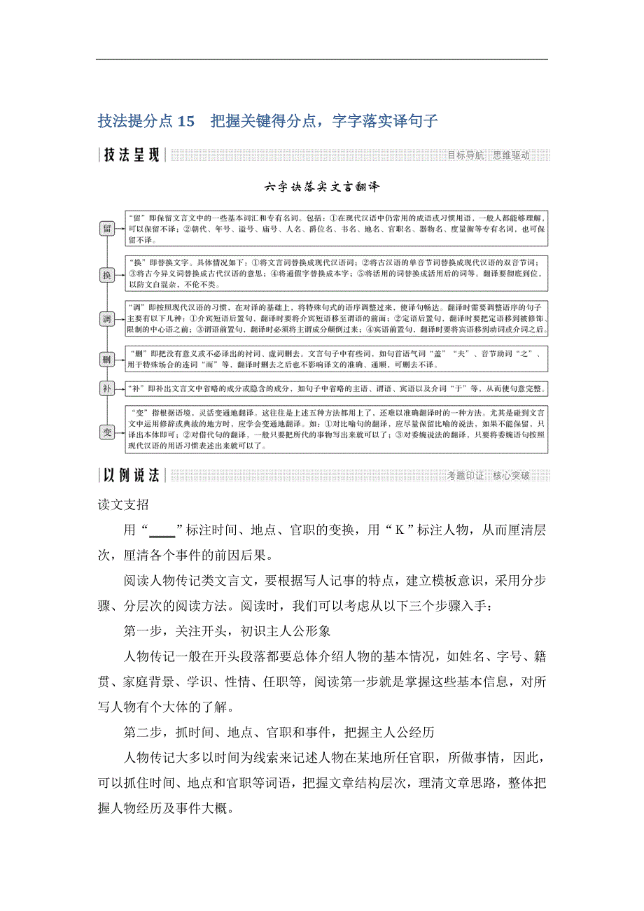 高考语文二轮培优全国通用版文档：专题四 文言文阅读 技法提分点15 Word版含答案_第1页