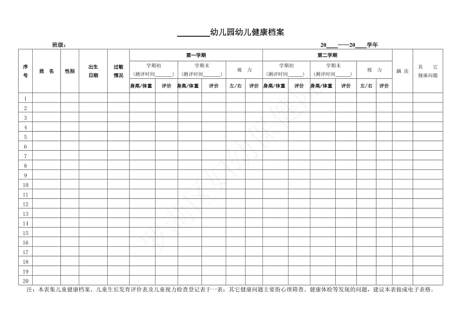 【幼儿健康档案】幼儿健康档案 汇总表（幼儿园年检资料}_第1页