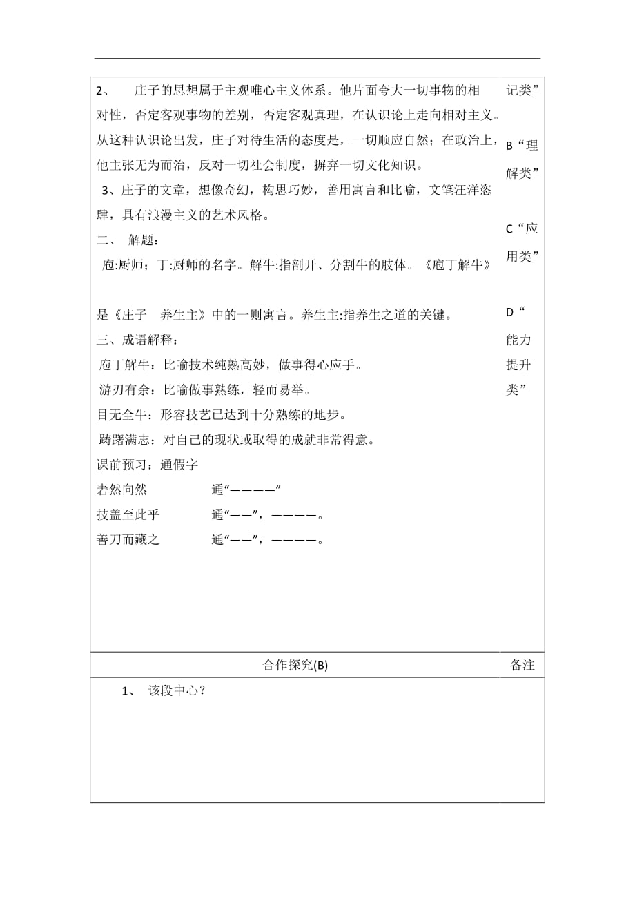 陕西省澄城县寺前中学人教选修系列中国古代诗歌散文欣赏第四单元庖丁解牛1学案_第2页