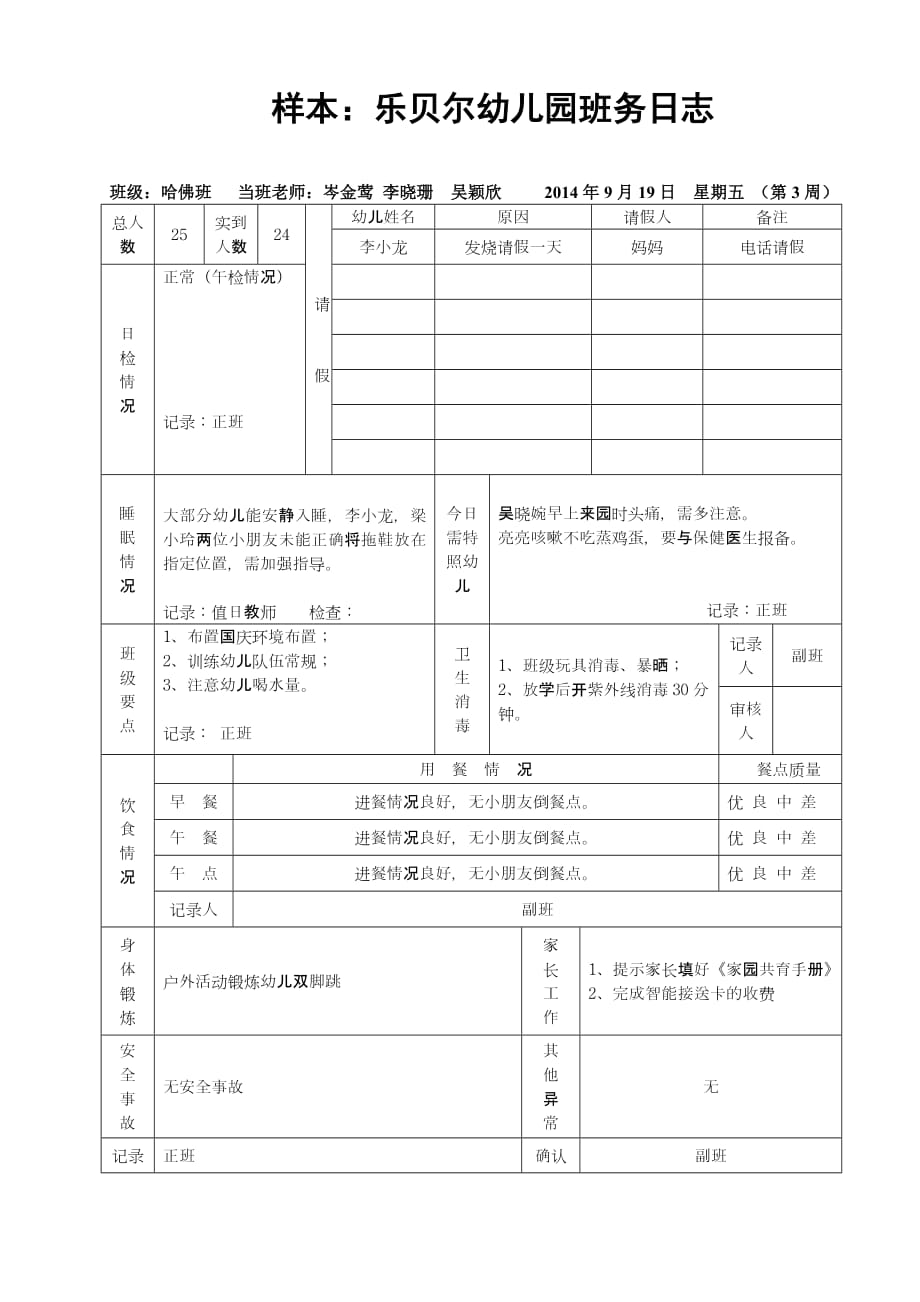 145编号幼儿园班务日志-样本_第1页