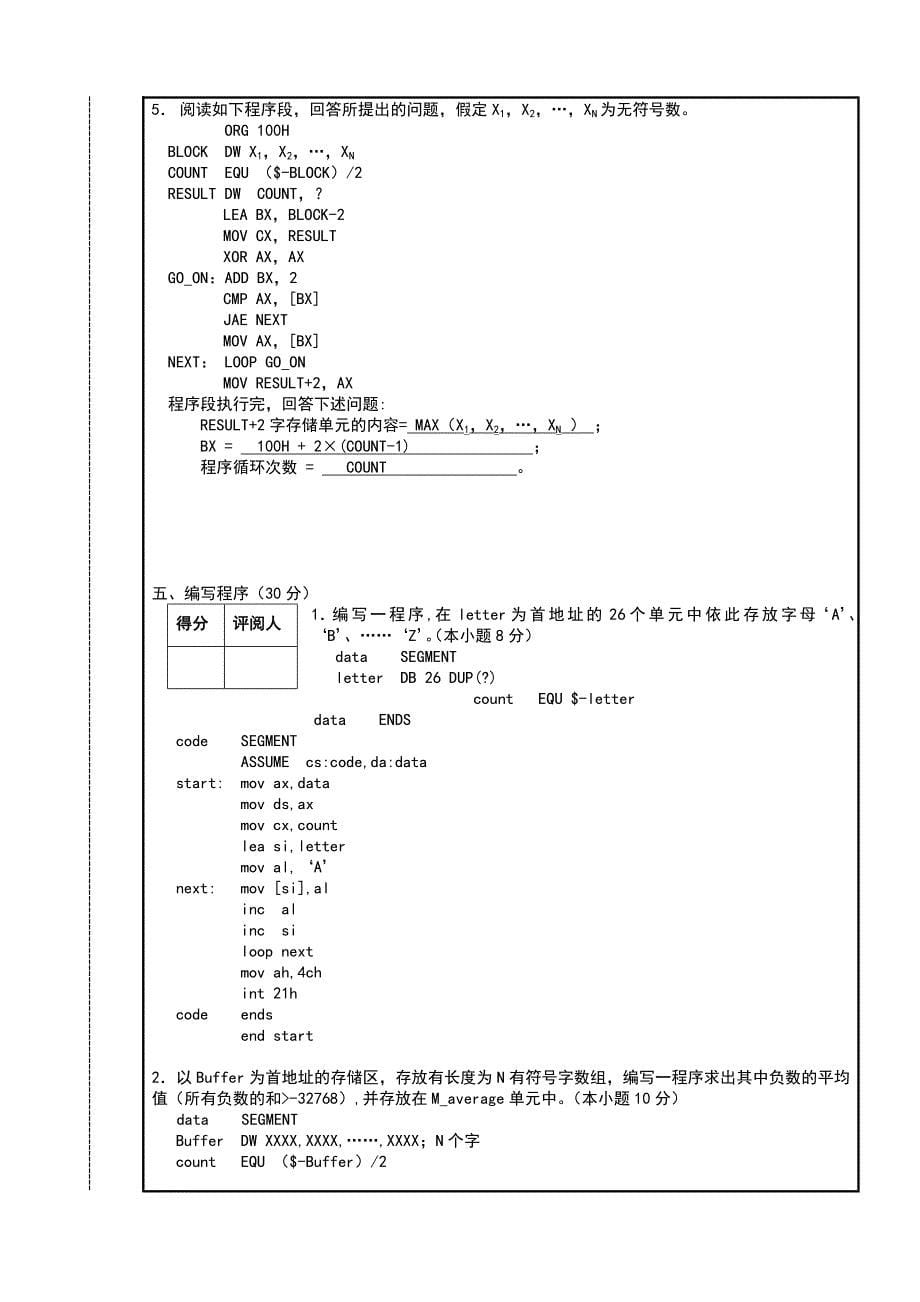 201编号【汇编语言程序设计】期末考试-试卷及参考答案_第5页