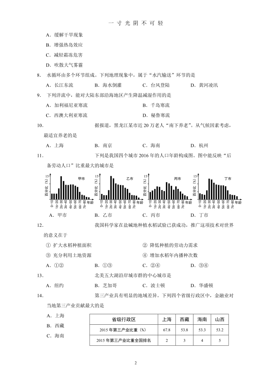 上海市普通高中地理学业水平等级性考试(重绘+答案)（2020年8月）.doc_第2页