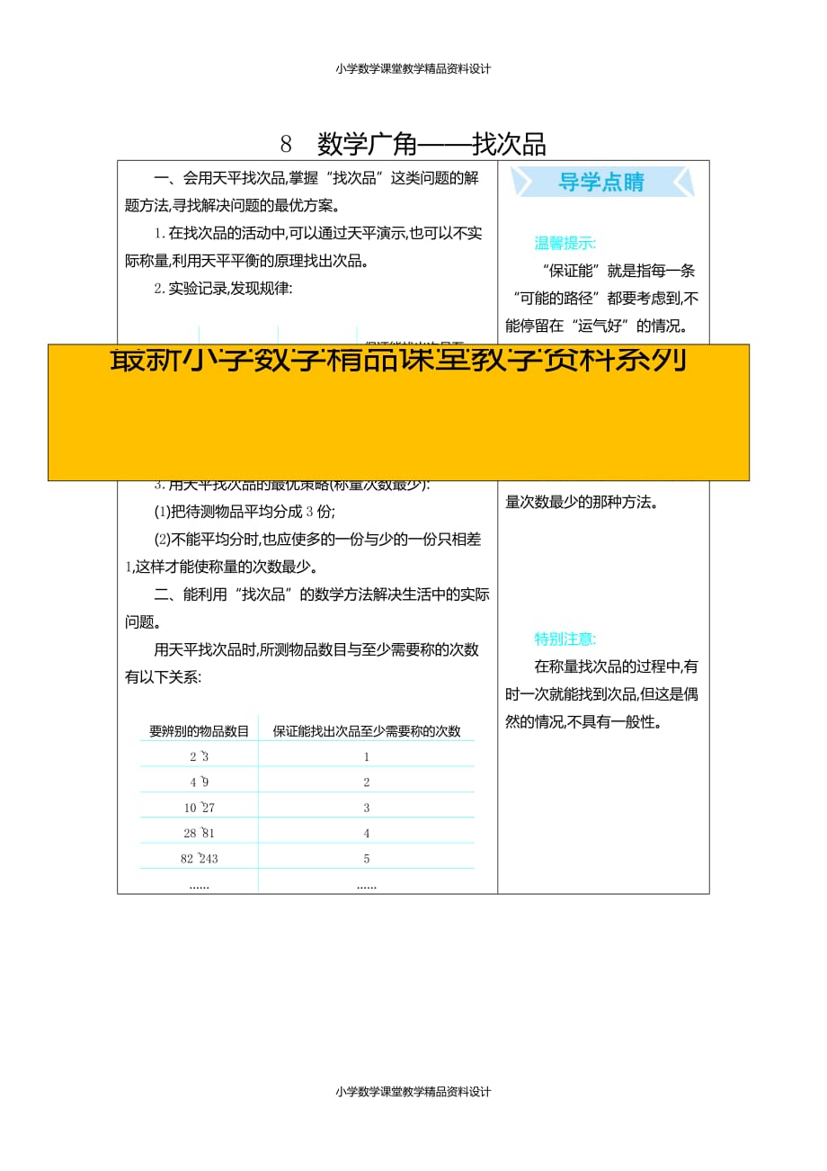 (课堂教学资料）人教版五年级下册数学期末复习知识点总结-8数学广角--找次品_第1页