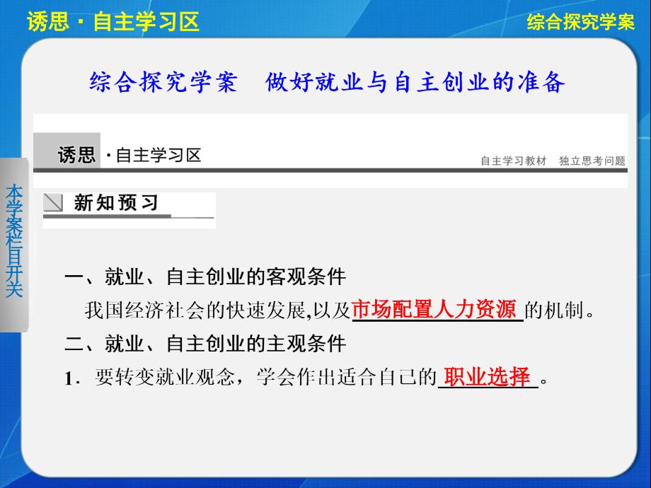 2013-2014学年高中政治人教版必修1综合探究学案 做好就业与自主创业的准备课件_第1页