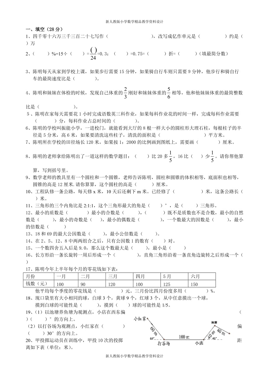 (课堂教学资料）新人教版小学六年级下册数学期末复习模拟卷_第2页