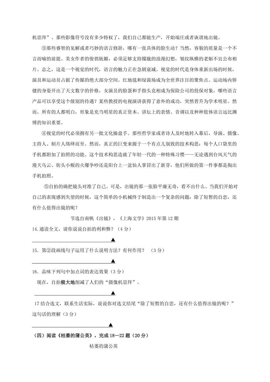 江苏省大丰区第一共同体2016-2017学年八年级语文上学期期中试题_第5页