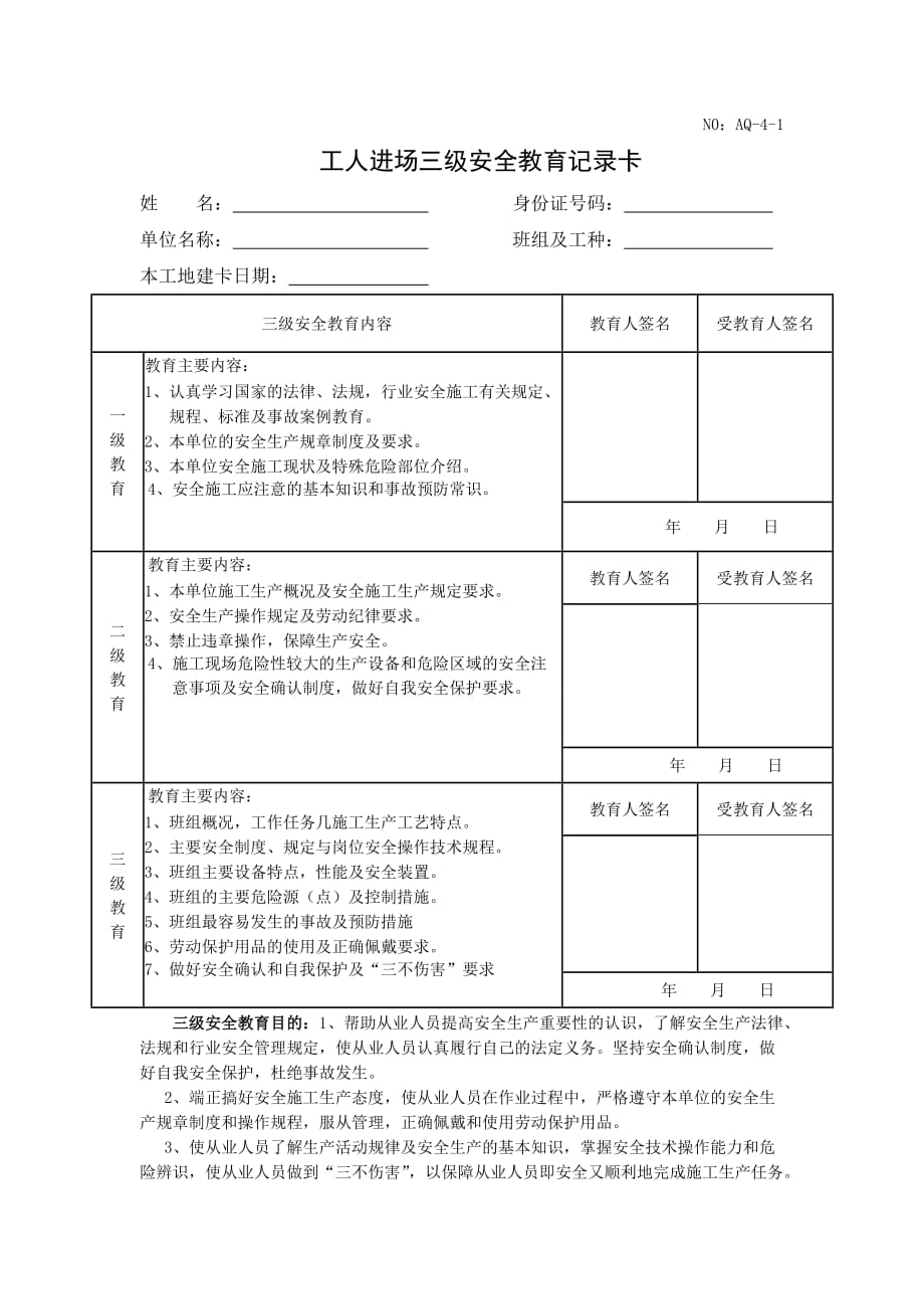 工人进场三级安全教育记录卡及安全承诺_第1页