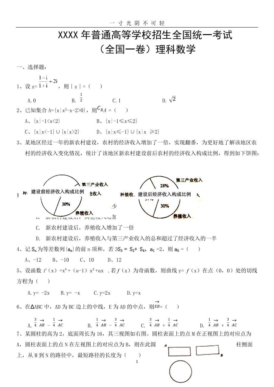 全国高考数学理科(全国I卷)试题及答案（2020年8月）.doc_第1页