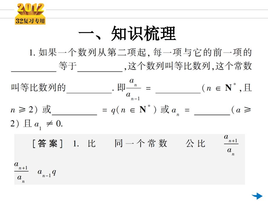 2012三年高考两年模拟 高三第一轮复习 第12讲 等比数列及其通项式课件_第3页