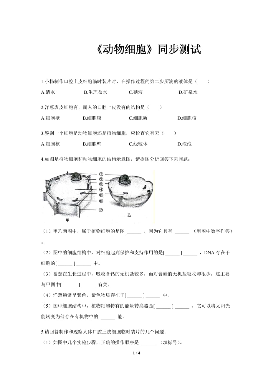 《第三节 动物细胞》同步测试卷【初中生物人教版七年级上册】_第1页