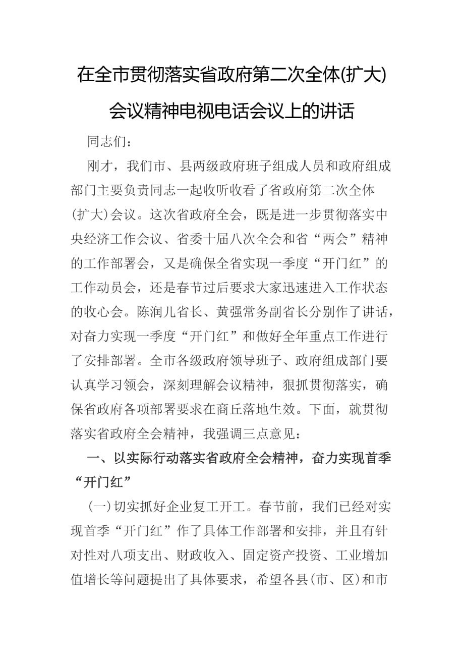 在全市贯彻落实省政府第二次全体(扩大)会议精神电视电话会议上的讲话_第1页