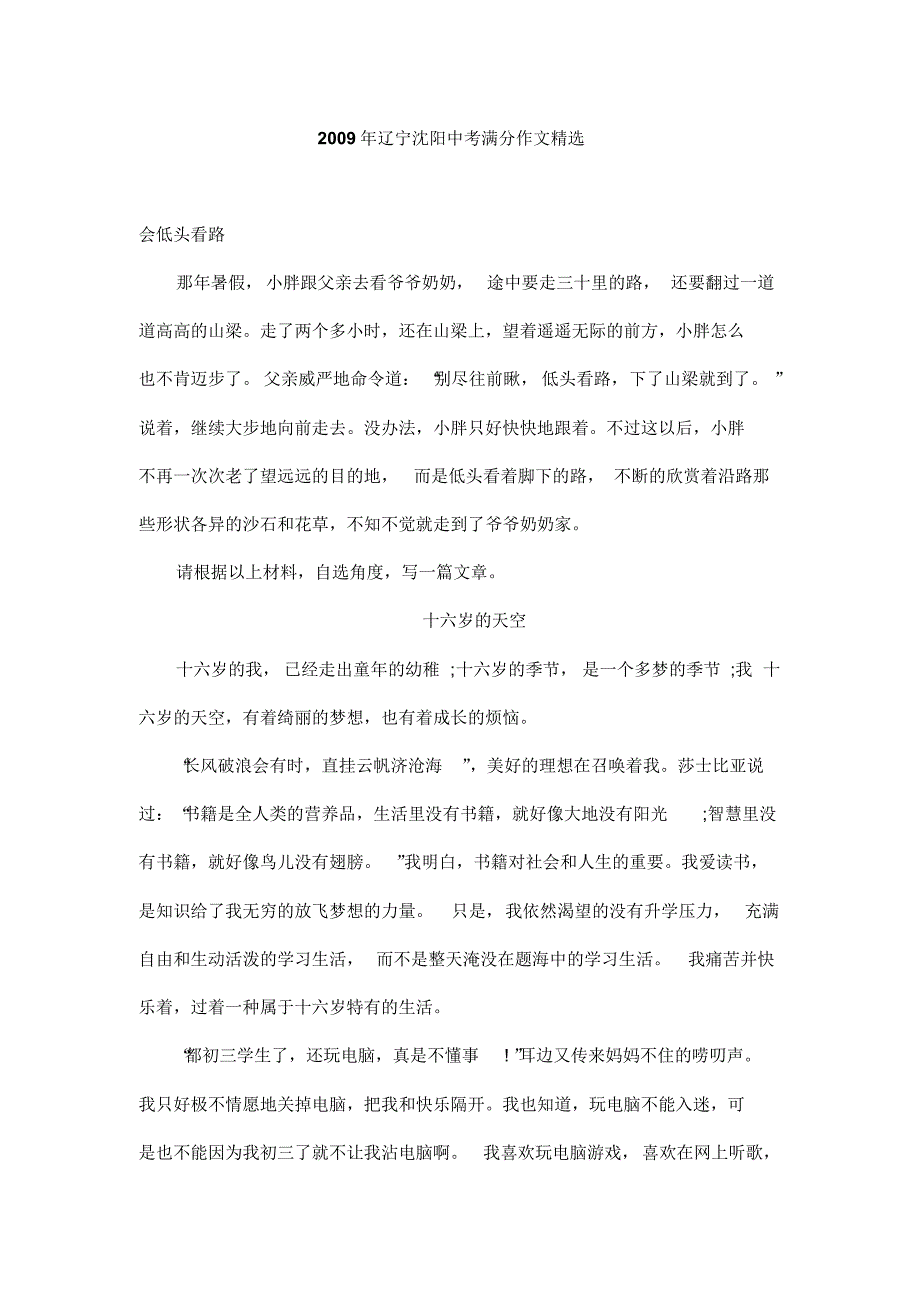 沈阳市中考满分作文-2002年-2009年辽宁沈阳中考满分作文精选._第1页