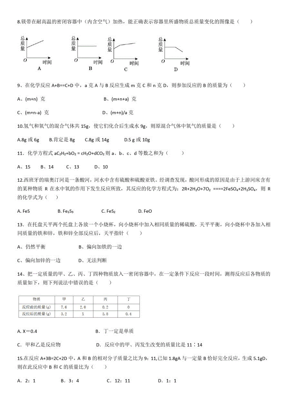 2020年人教版化学第五单元化学方程式单元练习(含答案)._第2页