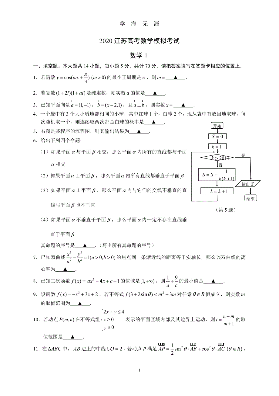 2020江苏高考数学模拟考试（2020年九月整理）.doc_第1页