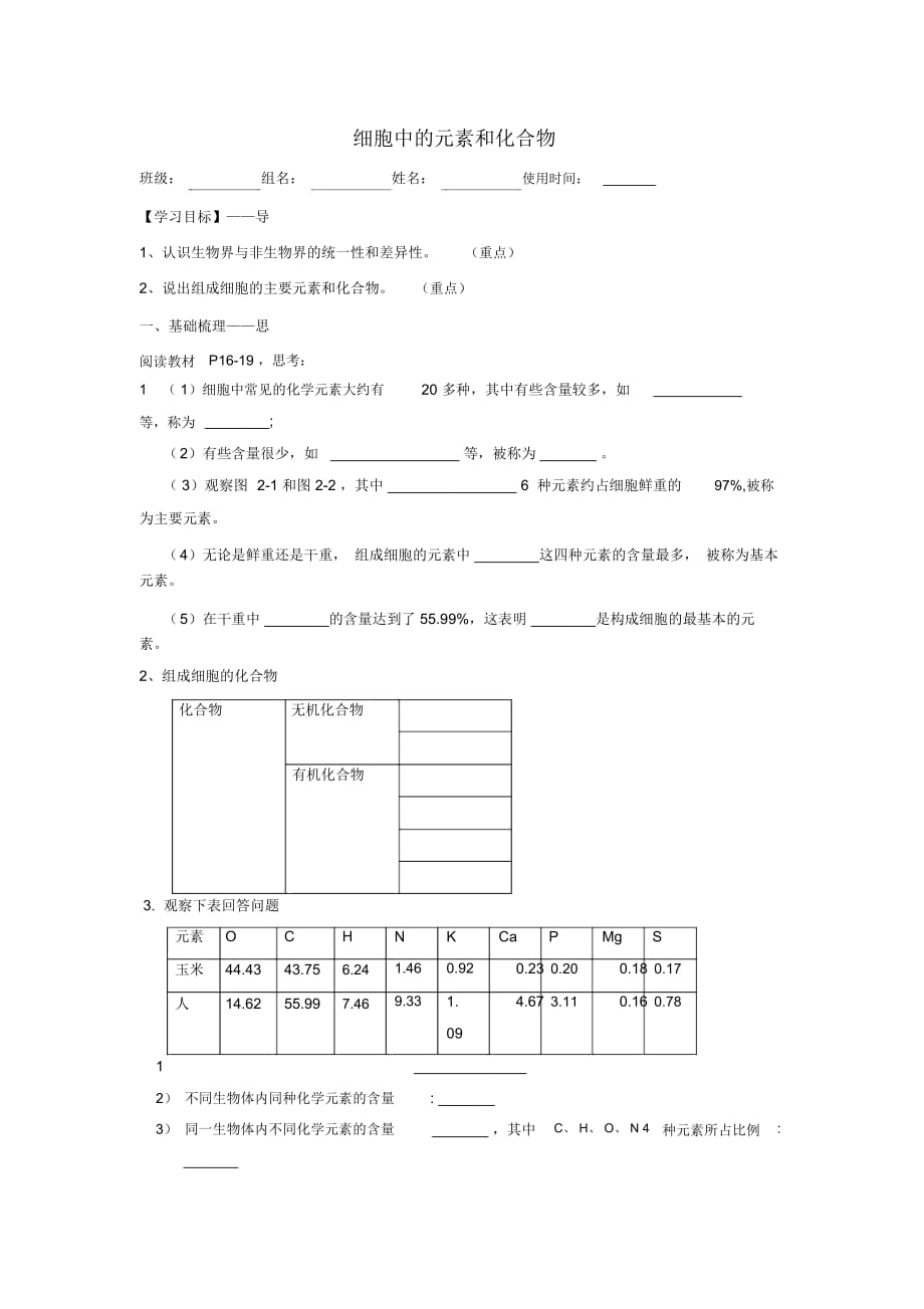 江西省吉安县第三中学高中生物2.1细胞中的元素和化合物导学提纲无答案新人教版必修1_第1页