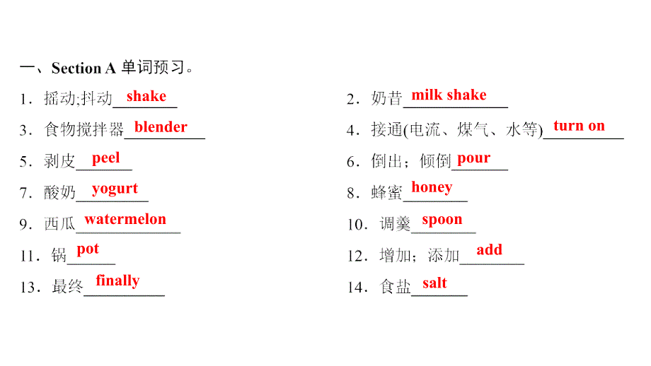 八年级英语上册Unit8HowdoyoumakeabananamilkshakePart1SectionA（课前）课件（新版）人教新目标版_第2页