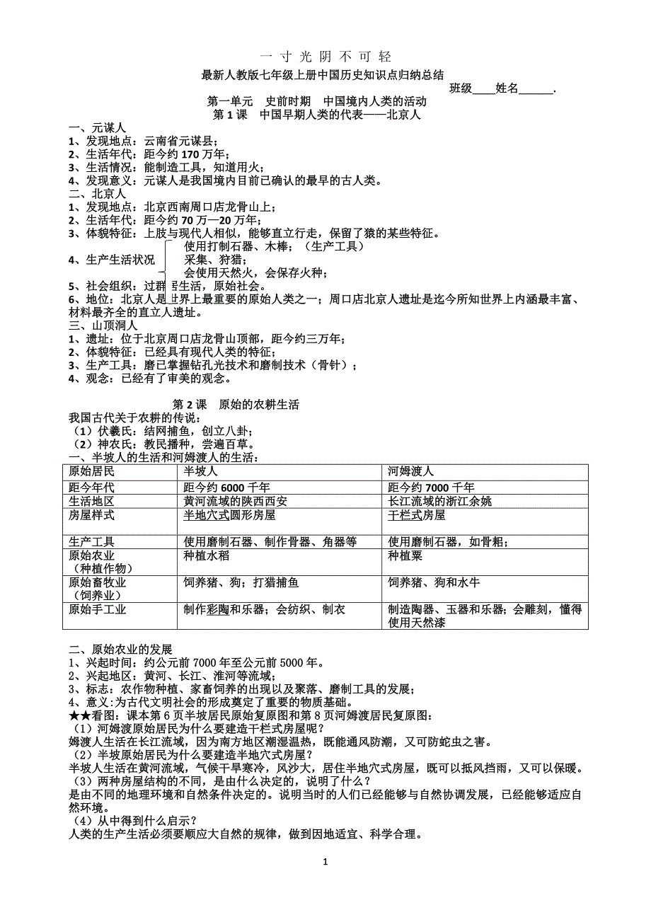 最新人教版(部编版)七年级上册中国历史知识点总结归纳(全册)（2020年8月）.doc_第1页