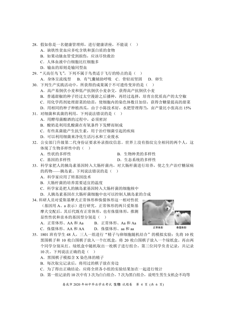 2020年湖南娄底市初中毕业学业考试生物试卷（图片版）_第4页