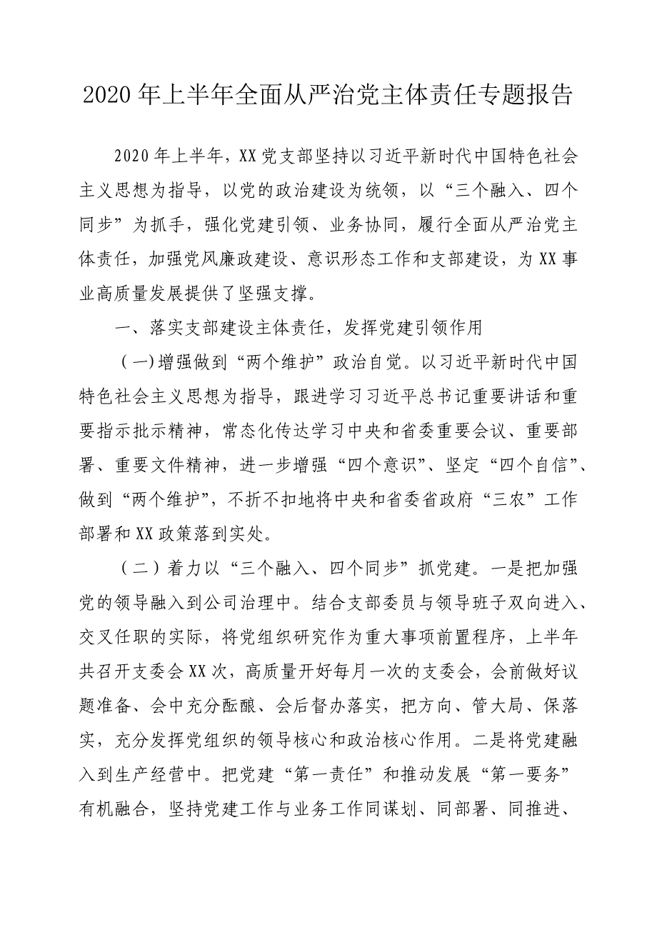 2020年全面从严治党主体责任专题报告_第1页