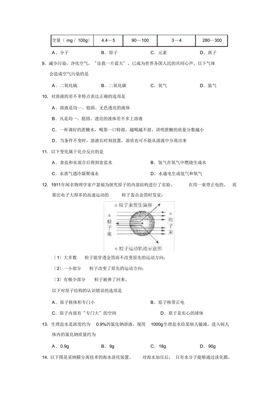 2019—2020学年度淄博市张店第一学期初三期末学业水平测试初中化学_第2页