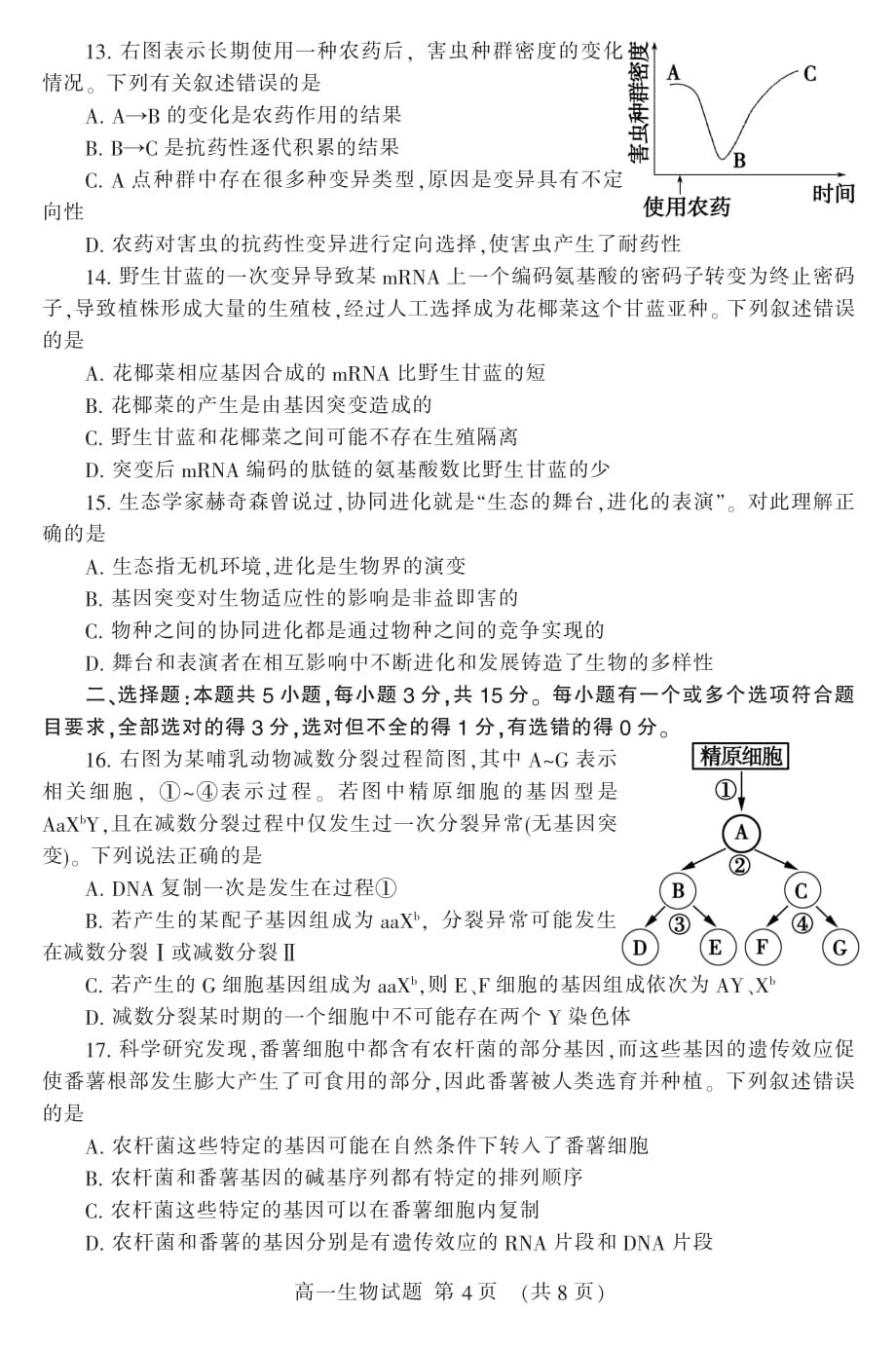 山东省泰安市2019-2020学年高一下学期期末考试生物试题（可编辑） PDF版含答案_第4页