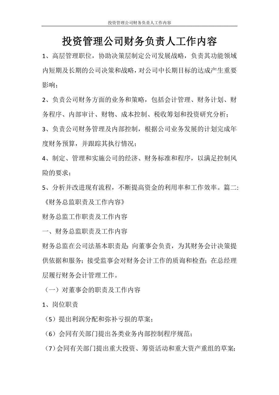 工作计划 投资管理公司财务负责人工作内容_第1页